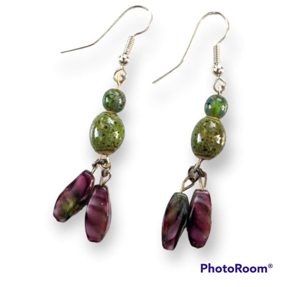 Purple and green mixed media fish hook earrings